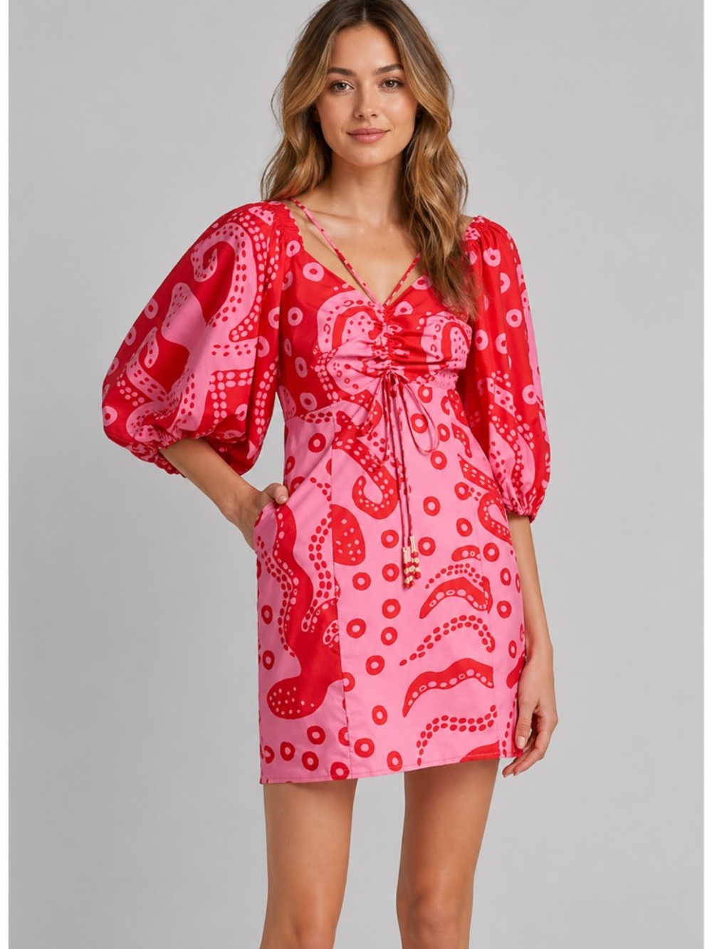 FARM Rio Octocool Mini Dress Red Pink Abstract Print Puff Sleeve Pockets NWT Sma